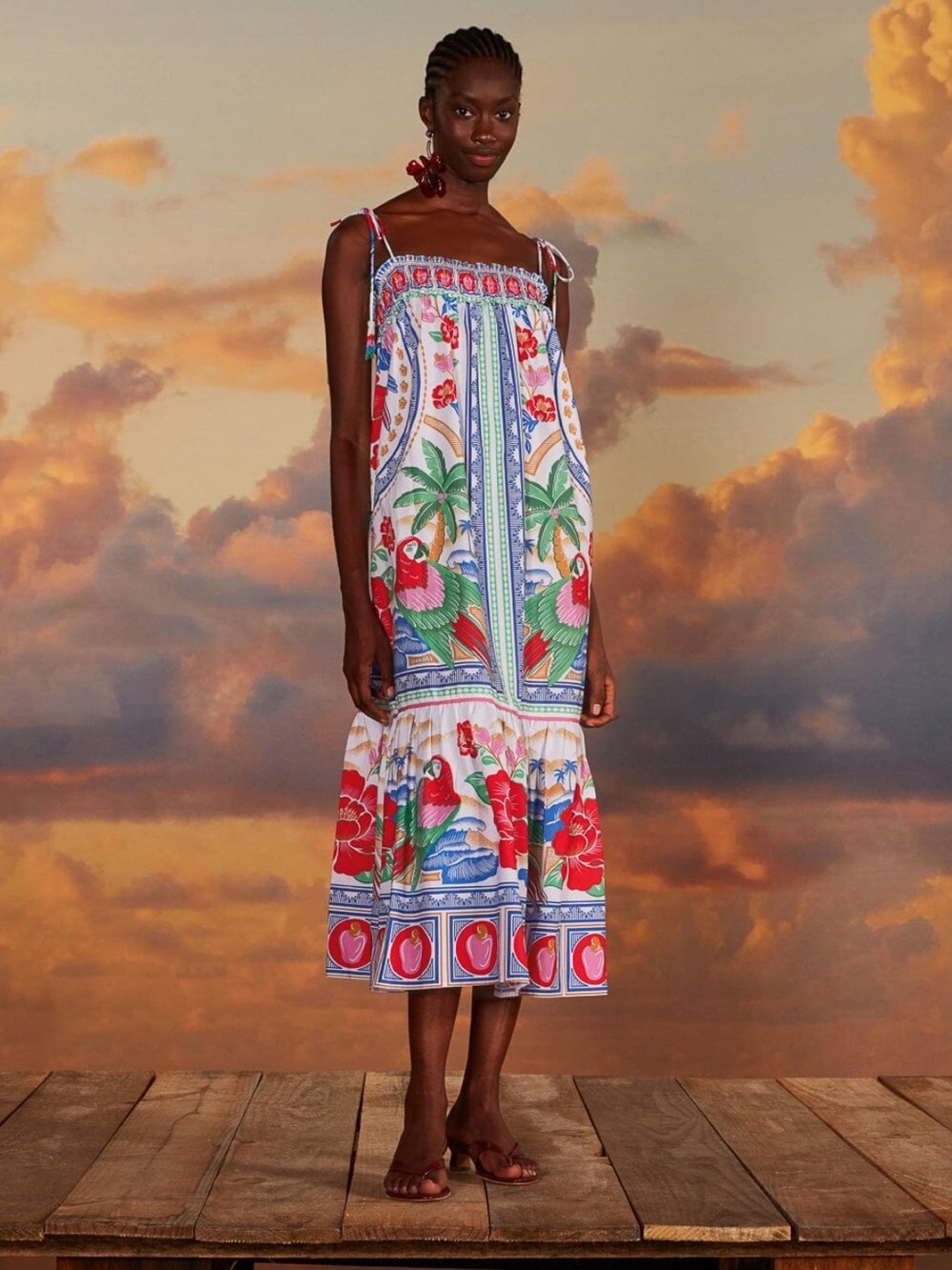 Farm Rio Women's Tropical Print Tie-Shoulder Maxi Dress size xs